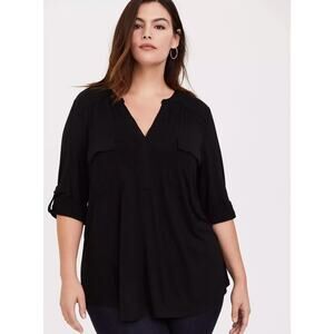 New Torrid Harper Blouse Top Black V-Neck Pocket Roll Tab Long Sleeve Size 2X